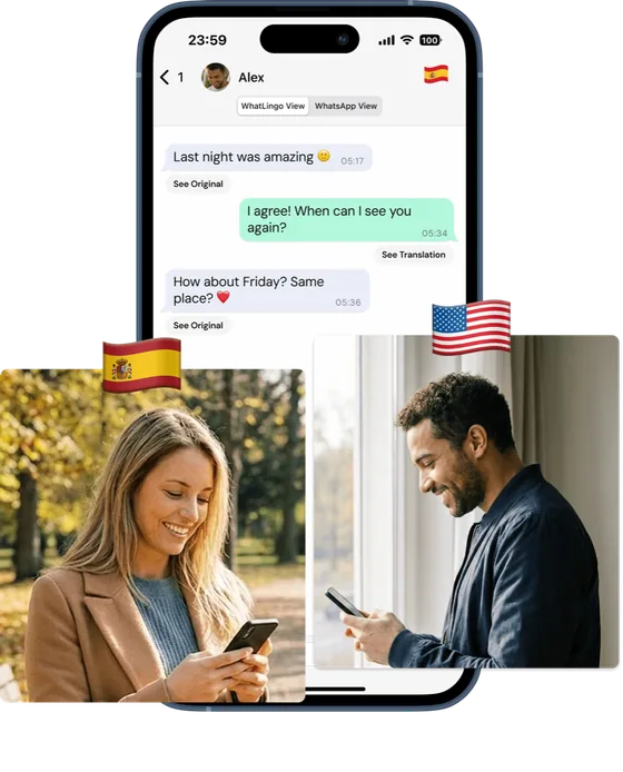 WhatLingo showing a WhatsApp chat mirrored in your own language, with real conversations across languages