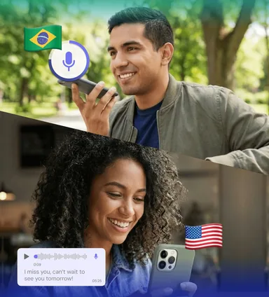 Two people sending and receiving translated voice notes across languages