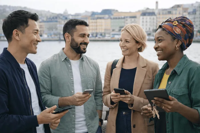 A multilingual group of professionals using their phones