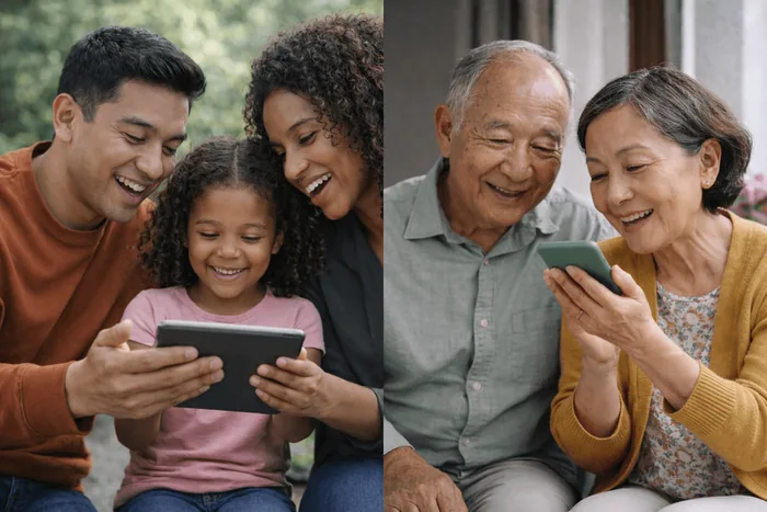 Family across generations sharing a phone together